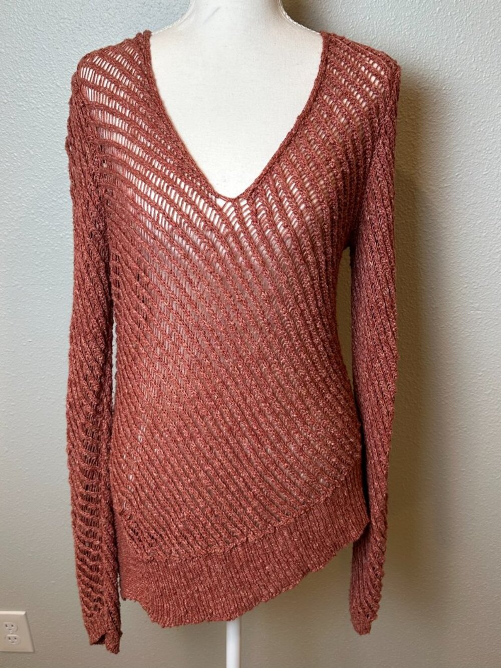 EILEEN FISHER Merino Wool Silk Linen Open Knit Asymmetrical V-Neck Sweater Rust